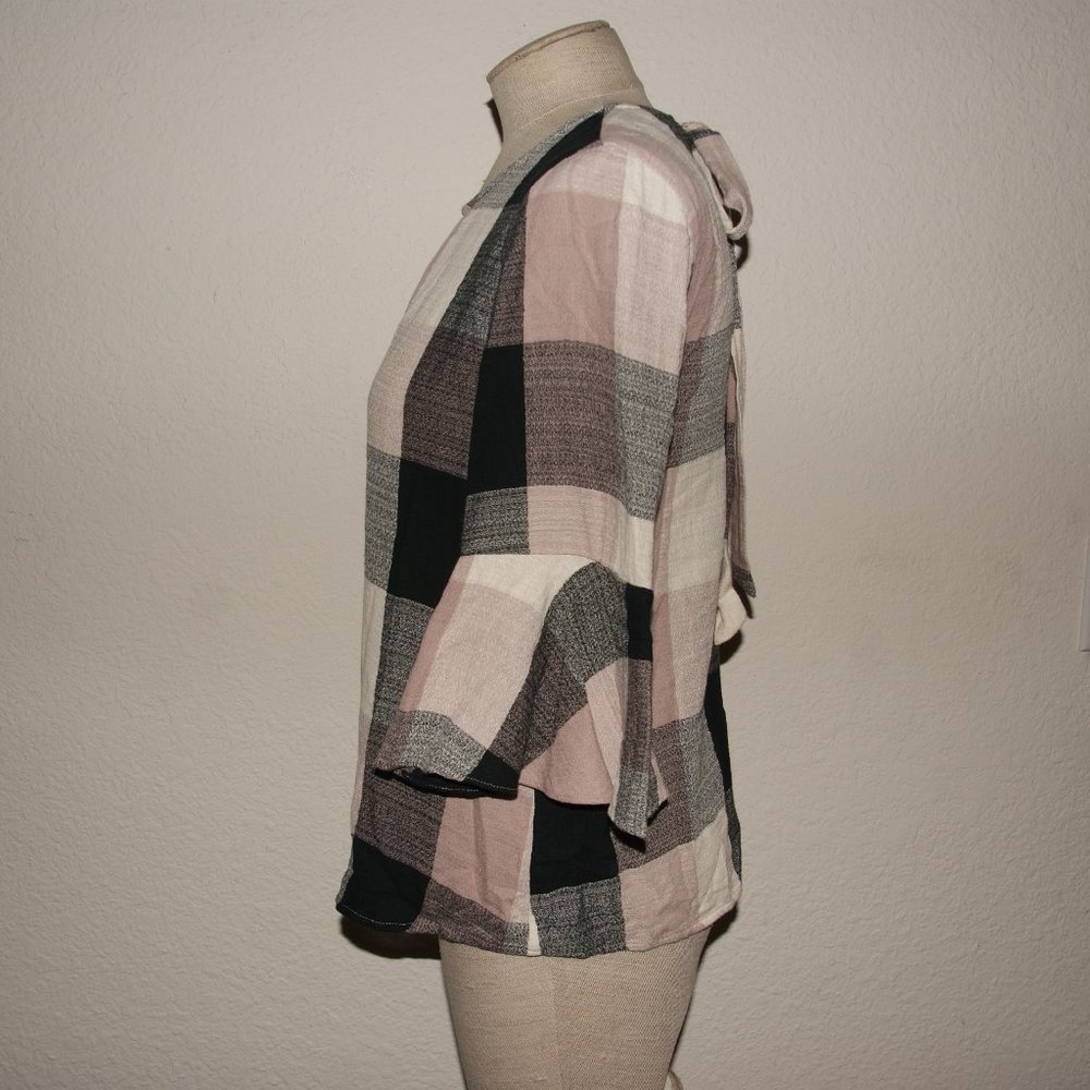 Anthro RO & DE Bell Sleeve Plaid Tie-Back Top sz S - Picture 4 of 10